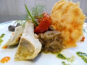 P1080278 Légumes ensoleillés, gambas sautées et tuile de parmesan