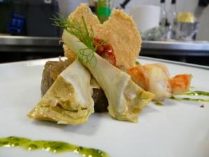 P1080276 Légumes ensoleillés, gambas sautées et tuile de parmesan