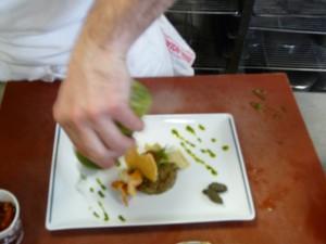 P1080274 Légumes ensoleillés, gambas sautées et tuile de parmesan