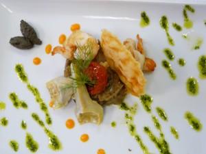 P1080292 Légumes ensoleillés, gambas sautées et tuile de parmesan