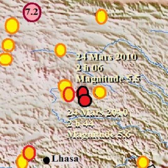 Deux séismes de magnitude 5.5 et 5.6 frappent le Xizang, Tibet, région frontalière avec le Qinghai, Chine