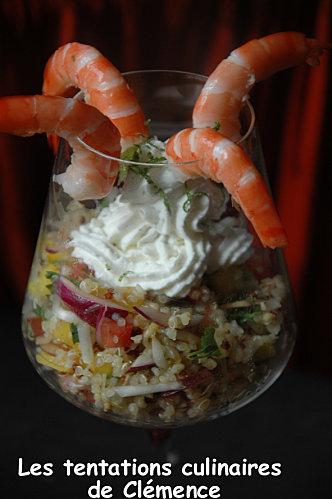 Verrine de quinoa gourmand, mangue, crevettes, huile de pistache et sa chantilly acidulée salade quinoa mangue huile de pistache citron vert2