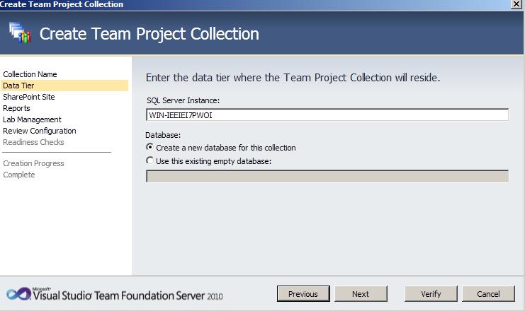 TFS Create Collection 22 Team Foundation Server 2010 : installation et configuration