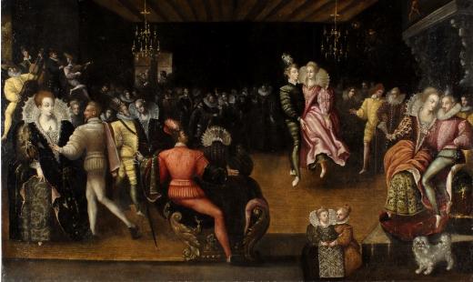 Anonyme, scène de bal, dit Bal à la cour des Valois, fin du XVIe siècle. Huile sur toile. H.94 ; L 155. Blois, Musées du château, inv 873.3.2.
