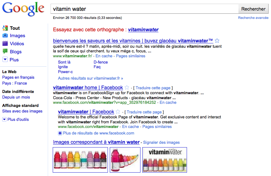 La marque Vitamin Water dans les pages de résultats de Google