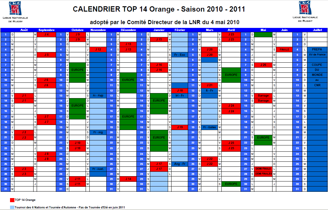 Le Calendrier du Rugby TOP 14 Orange saison 2010/2011