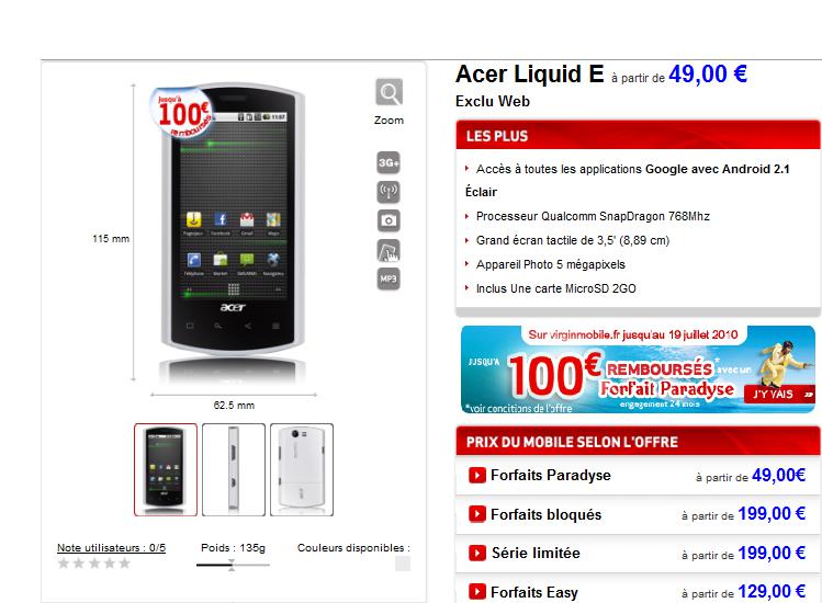 Acer Liquid E Acer Liquid E sous Android 2.1