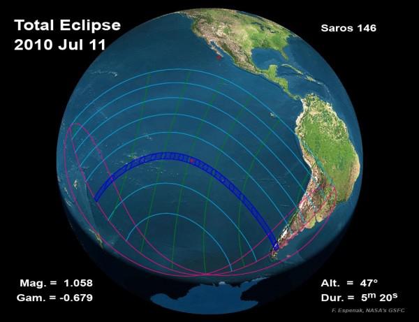 Solar eclipse, july 11 Zone de visibilité de l'éclpse centrale totale de Soleil du 11 juillet 2010
