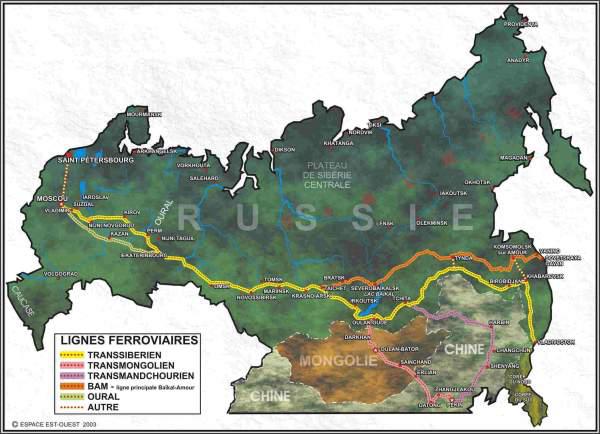 Le parcours du Transsibérien, c'est le long trait jaune sur la carte.