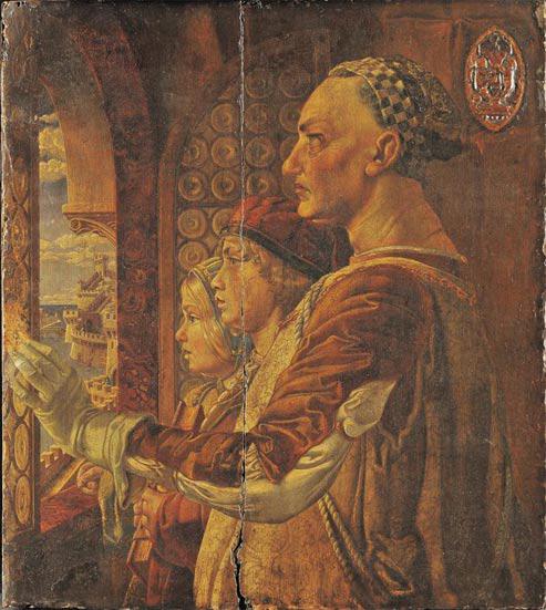 La National Gallery démêle le vrai du faux Faussaire génial - Chef-d'œuvre d'un faussaire anonyme, ce portrait de groupe ne date que du début du XXe siècle. La National Gallery elle-même a été abusée au point de l'acquérir en 1923. Il est vrai que le style des profils de la Renaissance est respecté. Seules l'identification de pigments apparus au XIXe siècle et la présence de fausses craquelures peintes pour simuler la patine ont révélé la supercherie. Mais il était trop tard. (National Gallery)