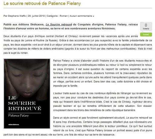 Patience Fiélany obtient un article pour son roman dans le webzine Touki Montréal