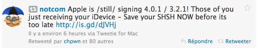Capture d’écran 2010-08-13 à 21.19.52 Les signatures SHSH pour les iOS 4.0.1 et 3.2.1 sont encore disponibles.