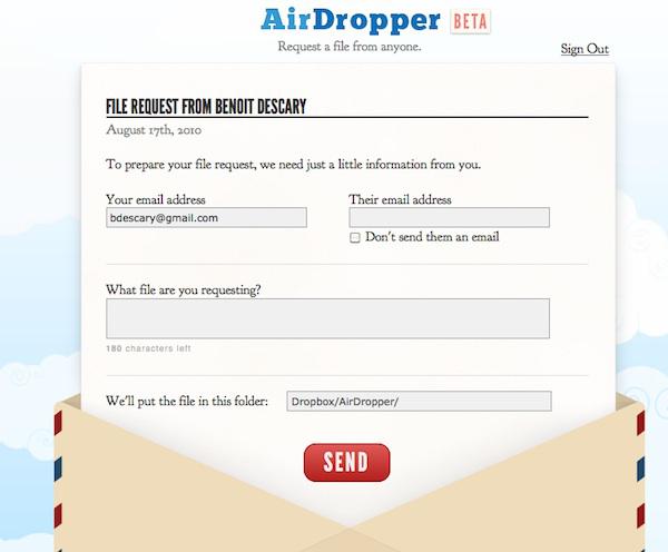 airdropper airdropper AirDropper : demandez un fichier à un contact qui le déposera sur votre Dropbox