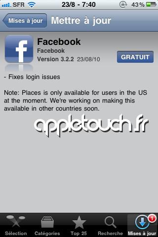 Facebook 3.2.2 Facebook iPhone se met à jour en 3.2.2 pour les problèmes de connexions