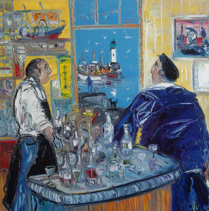 Au bar de la marine, peinture de Christian Sanséau (droits de reproduction réservés) - cliquer sur l'image pour voir le site de l'exposition du peintre à la galerie Emotion Plurielle, Missillac (44), août 2010