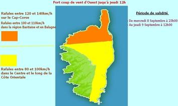 ALERTE ORANGE au niveau local sur la Haute - Corse : Episode de libecciu jusqu'à demain midi