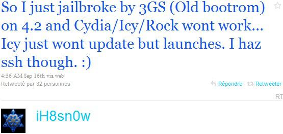 iH8sn0w Twitter iOS 4.2 Jailbreak iOS 4.2 iPhone 3GS avec Sn0wbreeze