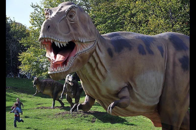 Ces enfants, visiteurs de l'exposition «Le monde des dinosaures», à Kiev, en Ukraine, jouent à se faire peur, le 10 septembre. 