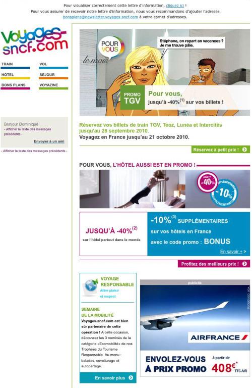 Dans son emailing, Voyages SNCF vos offre jusqu'à -40%