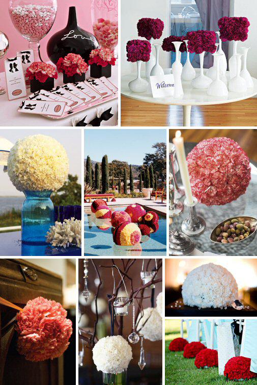 Décoration de salle de mariage avce des fleurs: flower ball, bouquets de fleurs ronds et fleurs artificielles