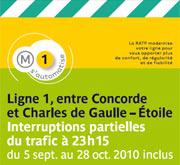 Affiche Interruption de trafic ligne 1 du 5 septembre au 28 octobre 2010