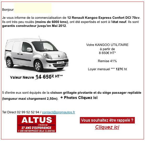 Altus vend ses Renault Kangoo dans un emailing