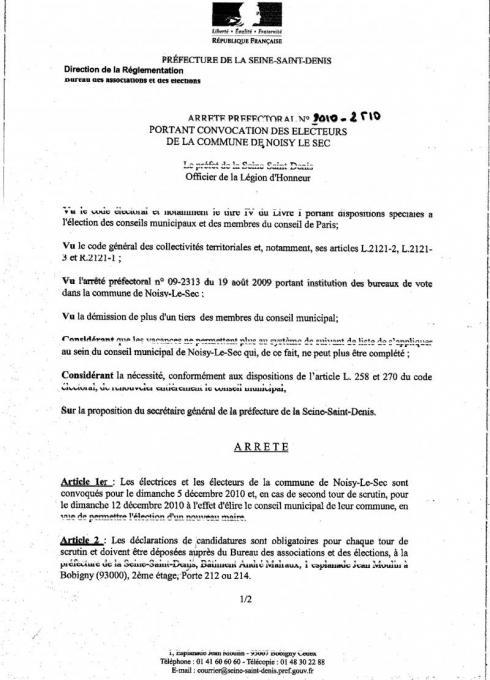 OFFICIEL : Arrêté préfectoral fixant les dates des éléctions partielles à Noisy-le-Sec