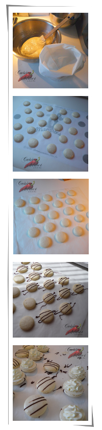 Macarons au Chocolat blanc, décorés de chocolat noir
