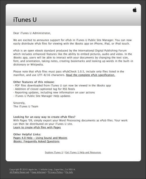 EPUB in iTunes U Announcement iTunes U désormais compatible avec le format ePub