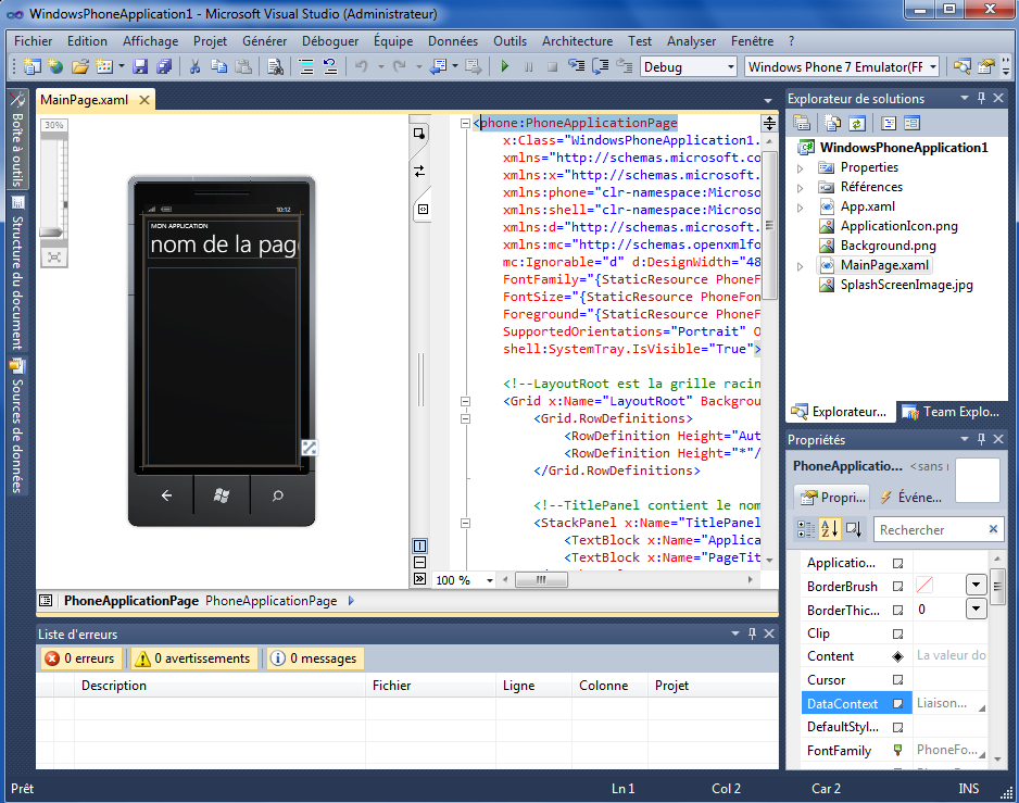 Ma première application Windows Phone 7