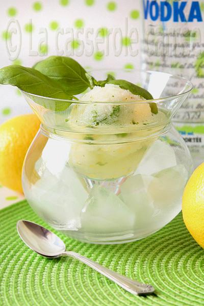 Sorbet citron et basilic sur vodka au limoncello façon trou normand Sorbet citron et basilic sur vodka au limoncello façon trou normand