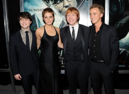 Harry Potter And The Deathly Hallows: Part 1 New York Premiere - Inside Arrivals NEW YORK - NOVEMBER 15: (L-R) Actors Daniel Radcliffe; Emma Watson, Rupert Grint and Tom Felton attend the premiere of 'Harry Potter and the Deathly Hallows - Part 1' at Alice Tully Hall on November 15, 2010 in New York City. (Photo by Stephen Lovekin/Getty Images)
