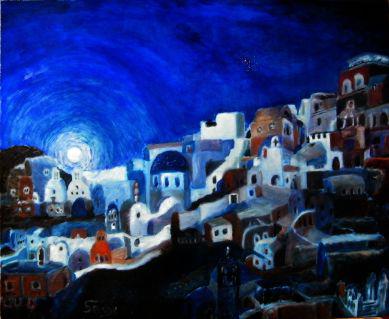 Un cours gratuit de peinture à l'huile :
Santorin la nuit