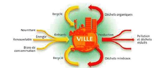 Le Métabolisme Urbain Les villes à métabolisme en circuit minimisent les entrants et ont une faible empreinte écologique. D'après Rogers Richard, Des villes durables pour une petite planète, 2008.
