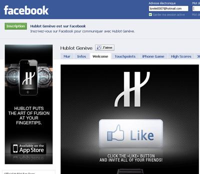La page d'Hublot dur Facebook. La page d'Hublot dur Facebook.