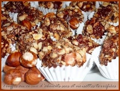 Duo de truffes chocolatées : Truffes aux spéculos et fève de tonka et truffes au coeur d'abricots secs, enrobées de noisettes torréfiées