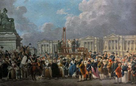 Exécution capitale sur la place de la Révolution, aujourd’hui place de la Concorde (tableau de Pierre-Antoine Demachy, musée Carnavalet, Paris, photo : Bertrand Runtz, copyright Herodote.net) 5 septembre 1793 . La terreur à l'ordre du jour