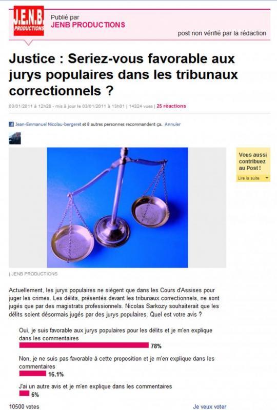 Réponse au sondage JENB Productions sur les jury popilaires en tribunaux correctionnels|Capture d'écran des résulats le 29 janvier 2011 © JENB Productions sur Le Post.fr 78% des posteurs sont favorables aux jurys populaires dans les tribunaux correctionnels