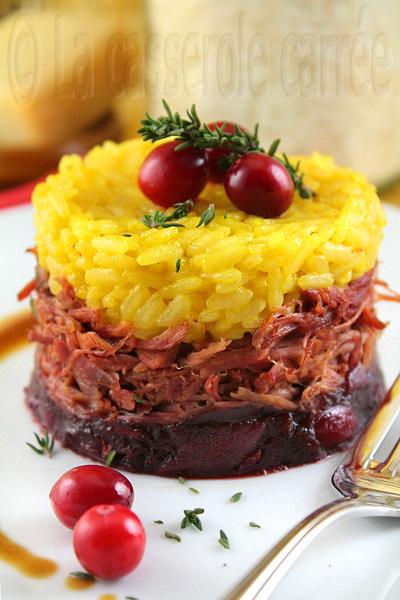 Risotto alla milanese sur effiloché de canard confit à la confiture d'oignons et canneberges Risotto alla milanese sur effiloché de canard confit à la confiture d'oignons et canneberges