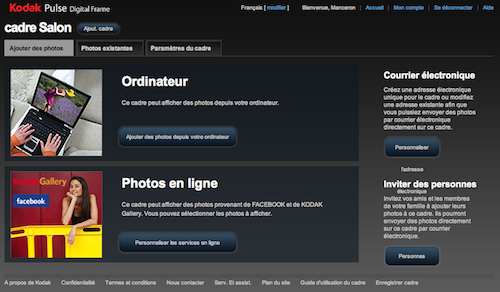 Cadre photo Interface web 1 Cadre Photo numérique : Kodak pulse
