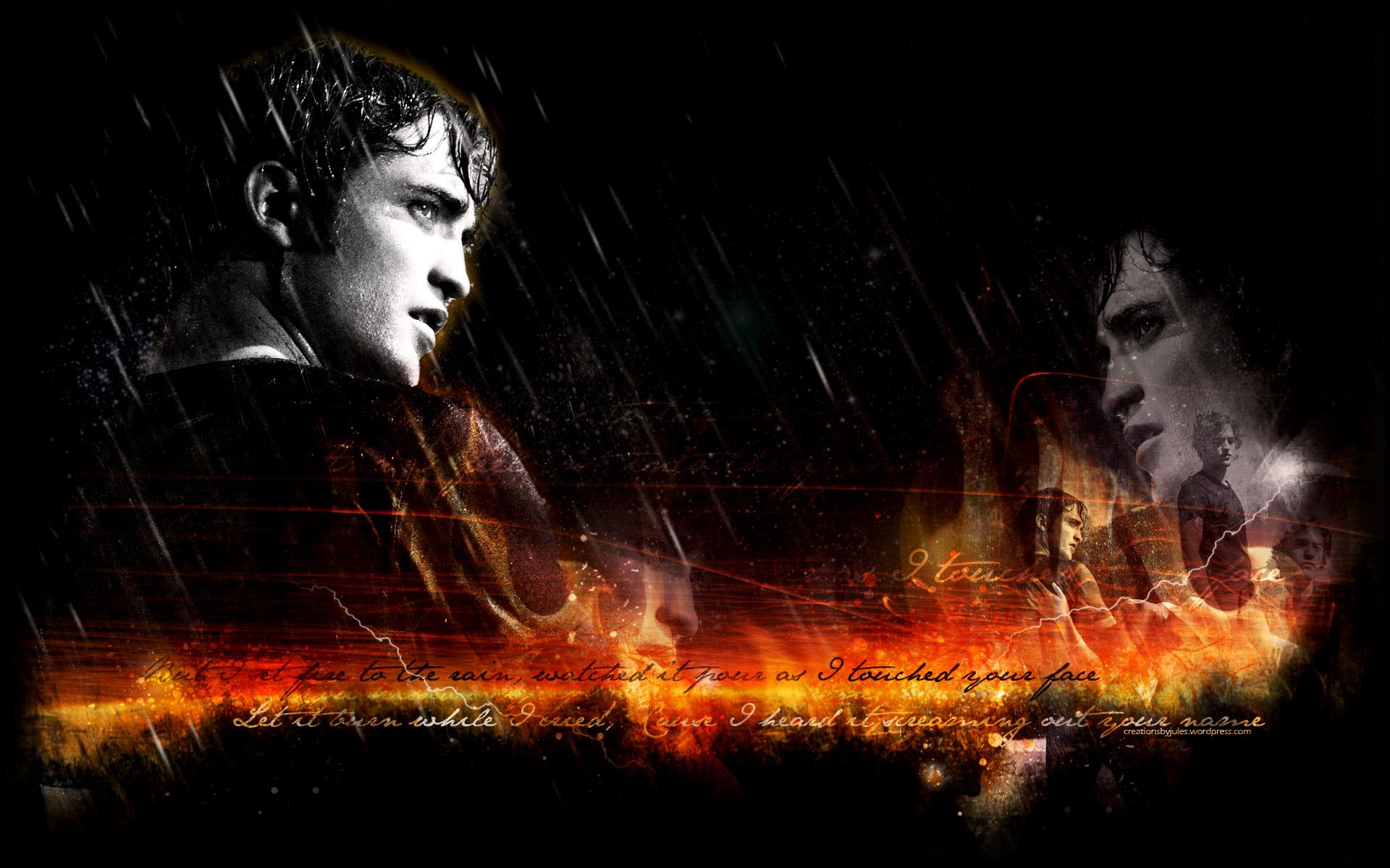 New beautiful wallpapers of Robert Pattinson by @Creationsjules ! http://img189.imageshack.us/img189/5970/setfiretotherainrobwall.jpg