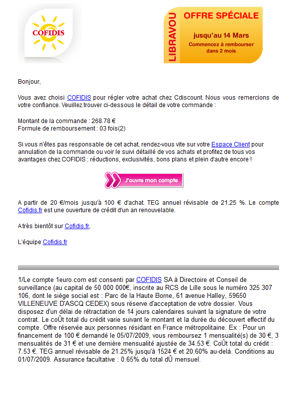 Vaderetro a détecté des attaques Phishing contre Cofidis via Cdiscount Vaderetro a détecté des attaques Phishing contre Cofidis via Cdiscount