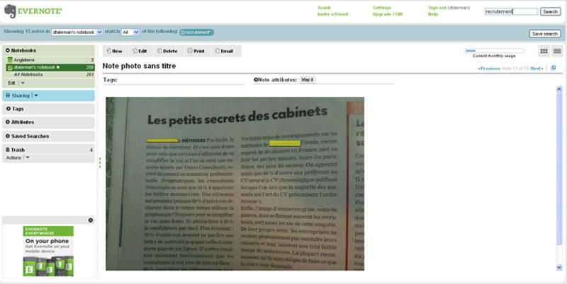 cliquez sur l'image pour l'agrandir Un excellent outil pour ses recherches d’emploi : Evernote