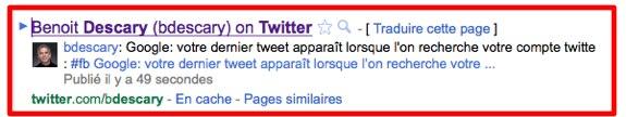 google copte twitter tweet Google: votre dernier tweet apparaît lorsque l’on recherche votre compte twitter