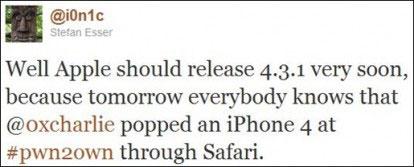 pwn20wn La faille découverte par i0n1c ne sortira pas avant IOS 4.3.1