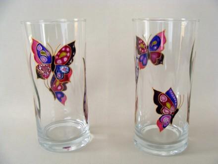 Duo de Vase-Verre ’Papillons en Prune et Vert’, fait main, art de la table, décoration artisanale