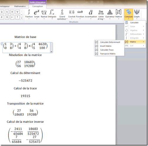 microsoft mathematics matrice thumb Intégrer les Mathématiques à Microsoft Word via un puissant Add On