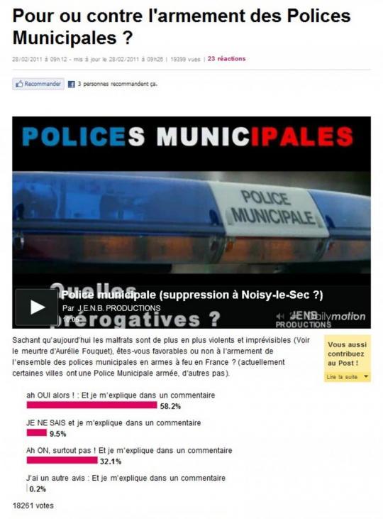 Résultats du sondage JENB Procuctions sur l'armement des Polices Municipales (mars 2011)|© JENB Productions Plus de 58% des posteurs favorables à l'armement des Polices Municipales... Oui mais une profession méconnue