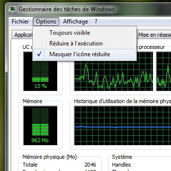 Gestionnaire de tâches Windows taskmanager Afficher en permanence lutilisation du processeur dans la barre de tâches