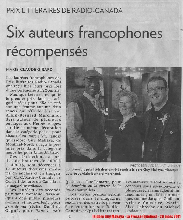 makaya L’auteur Isidore Guy Makaya obtient un article dans le quotidien national « La Presse », au Québec